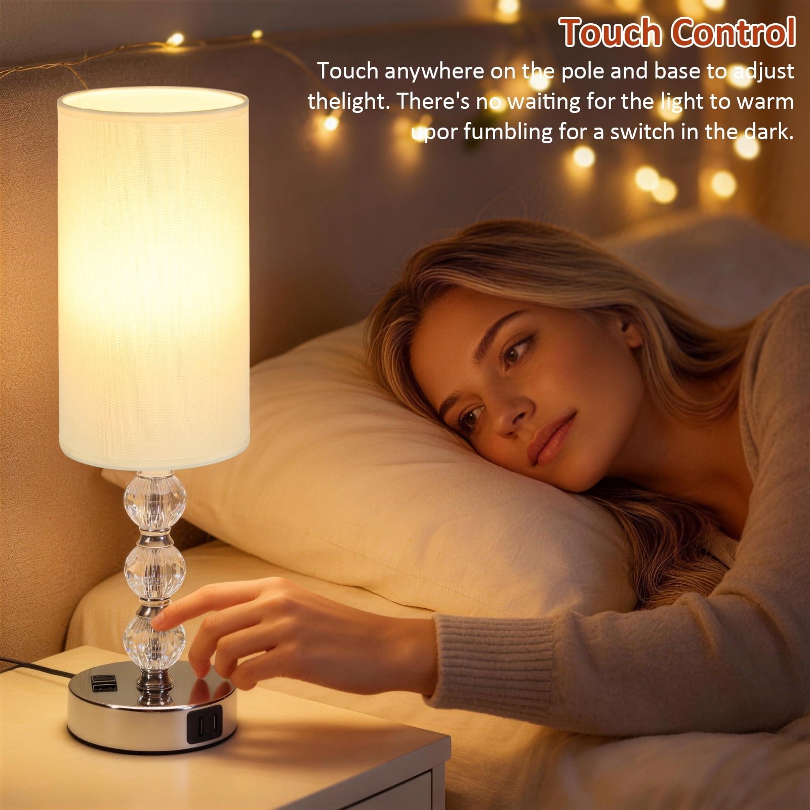 Crystal Table Lamps for Bedroom 17.9", 3 Way Dimmable Touch Control Bedside Lamp with USB C+A Fast Charging Ports, Nightstand Lamp for Office, Living Room, Reading(E26 Light Bulb Included), White