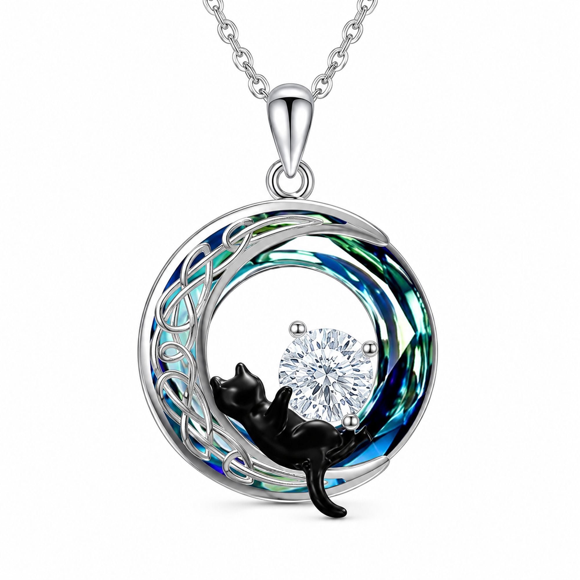 Midir&Etain Celtic Cat Moon Necklace, Sparkling Crystal Birthstone Necklace Animal Pendant Gift for Women