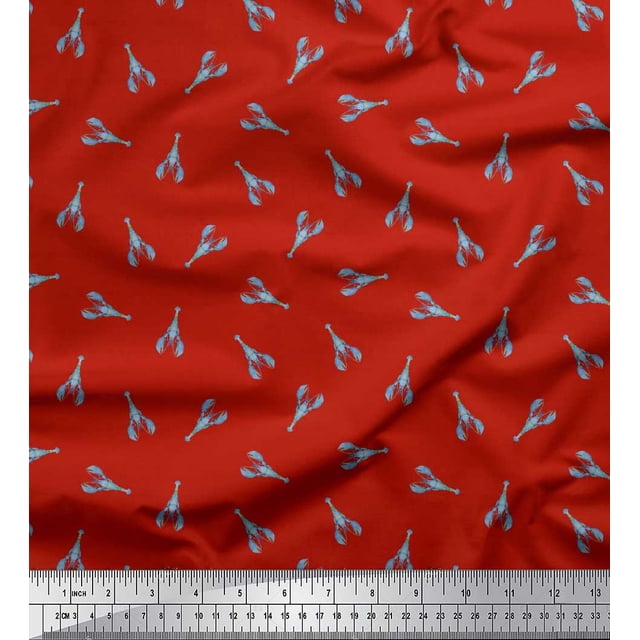 Soimoi Tissu en Poly Georgette Rouge Imprimé Crevettes de Mer Océan 1 Yard 42 Pouces de Large