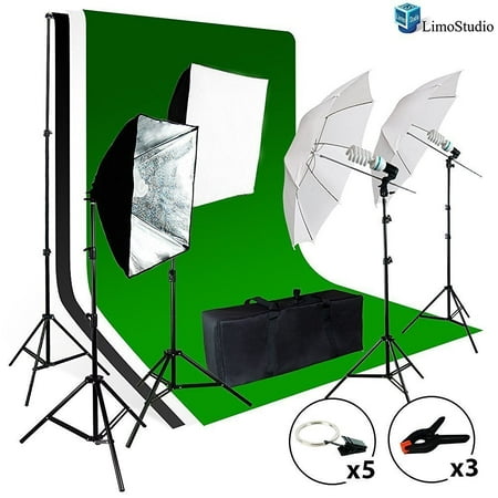 LimoStudio Photo Video Studio Light Kit - Includes Chromakey Studio Background Screen (Green Black White), (3) Muslin BackDrops, Umbrella, Softbox, Lighting Diffuser Reflector,