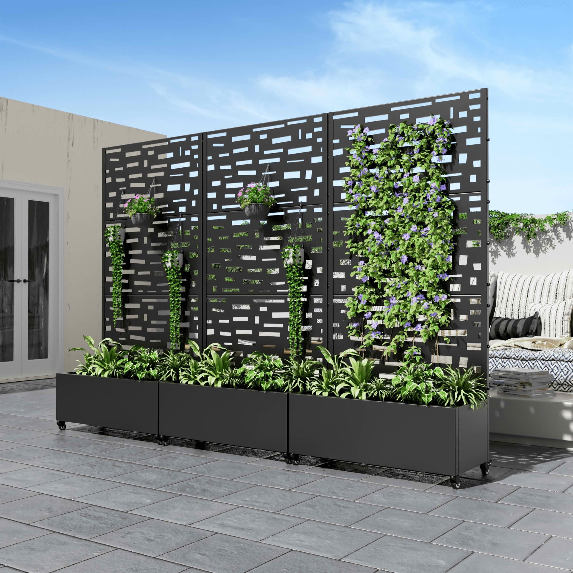 MAYEERTY 72x35x16 Inch Black Metal Rectangular Planter Box with Trellis, 5 Piece Set for Outdoor Garden & Patio