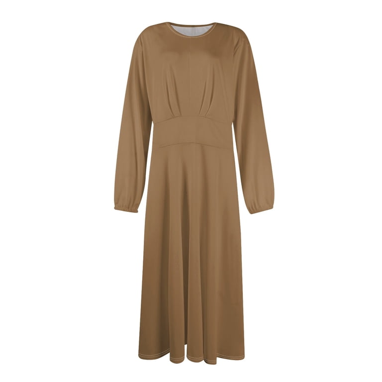 Women's Autumn Winter Casual Round Neck Long Sleeve Solid Color Long Dress,  Light Brown, Size XL - Walmart.com
