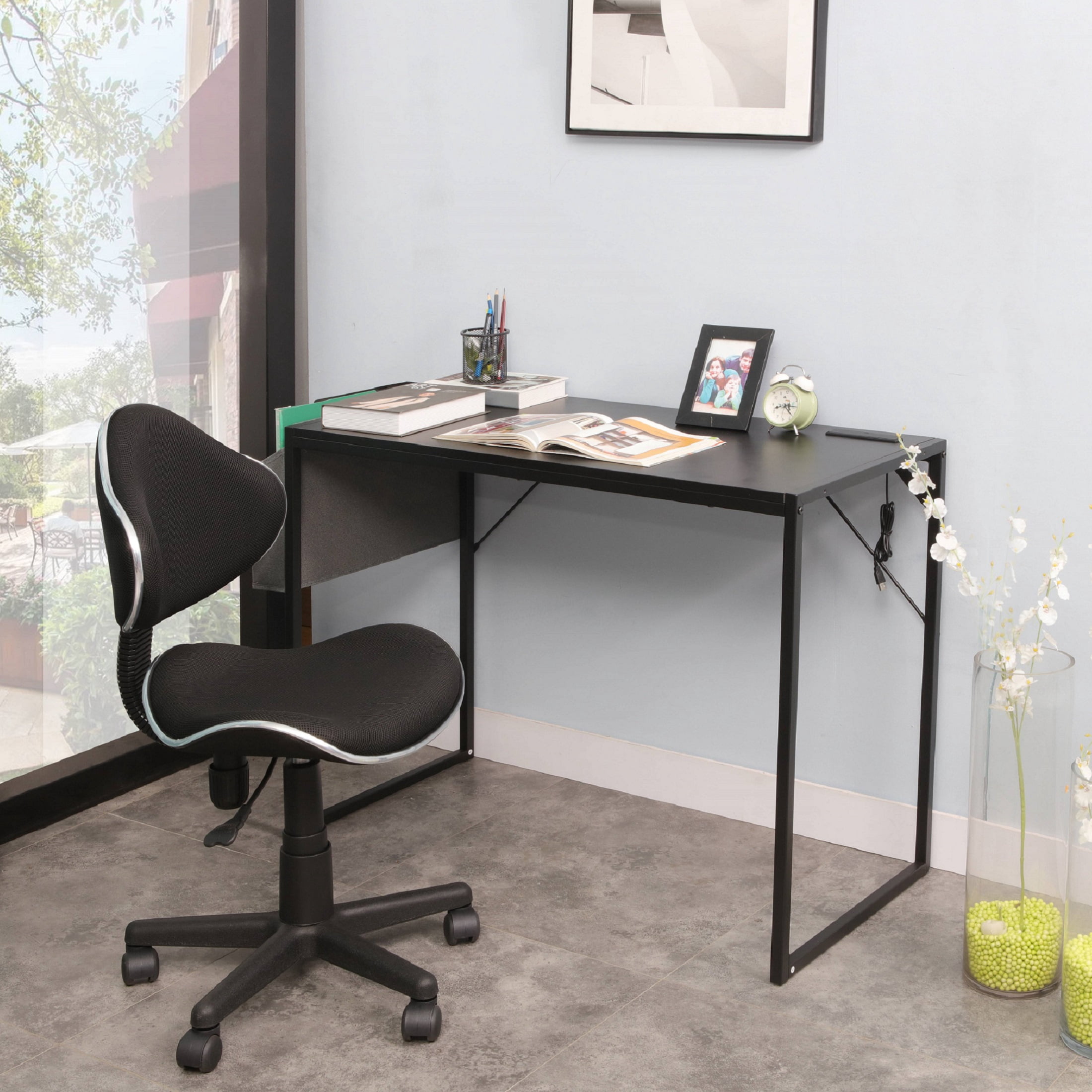 JJS Small Computer Desk Simple Style Writing Desk for Small Spaces 40 Inch Home Office Modern Student Study Laptop Writing Table with Storage Bag USB Hub, Black…