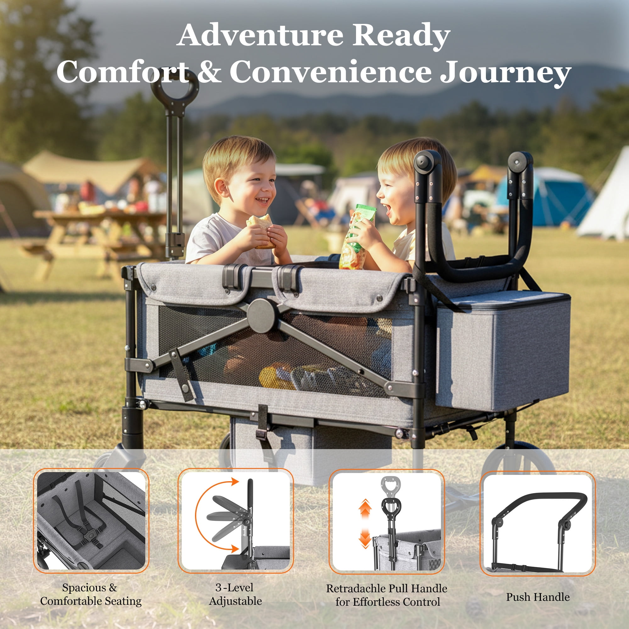 TouHeart Wagon Stroller for kids, 2 Seater Folding Stroller Wagon with Canopy, 5-Point Harness, Gray