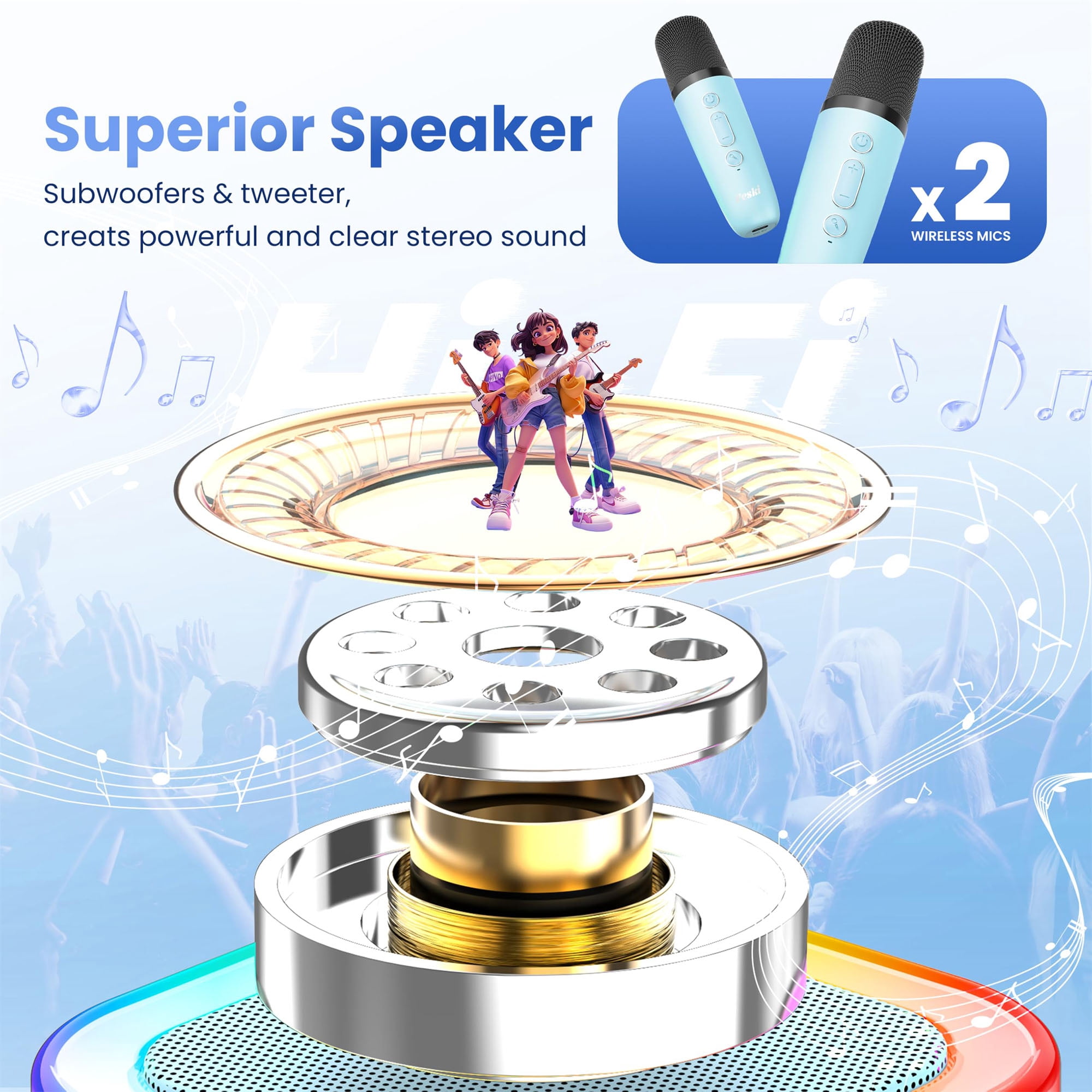 BONAOK Mini Karaoke Machine for Kids, Portable Karaoke Speaker with 2 Wilreless Microphones and Bluetooth for Home Party, Birthday Gifts for Girls(Blue)
