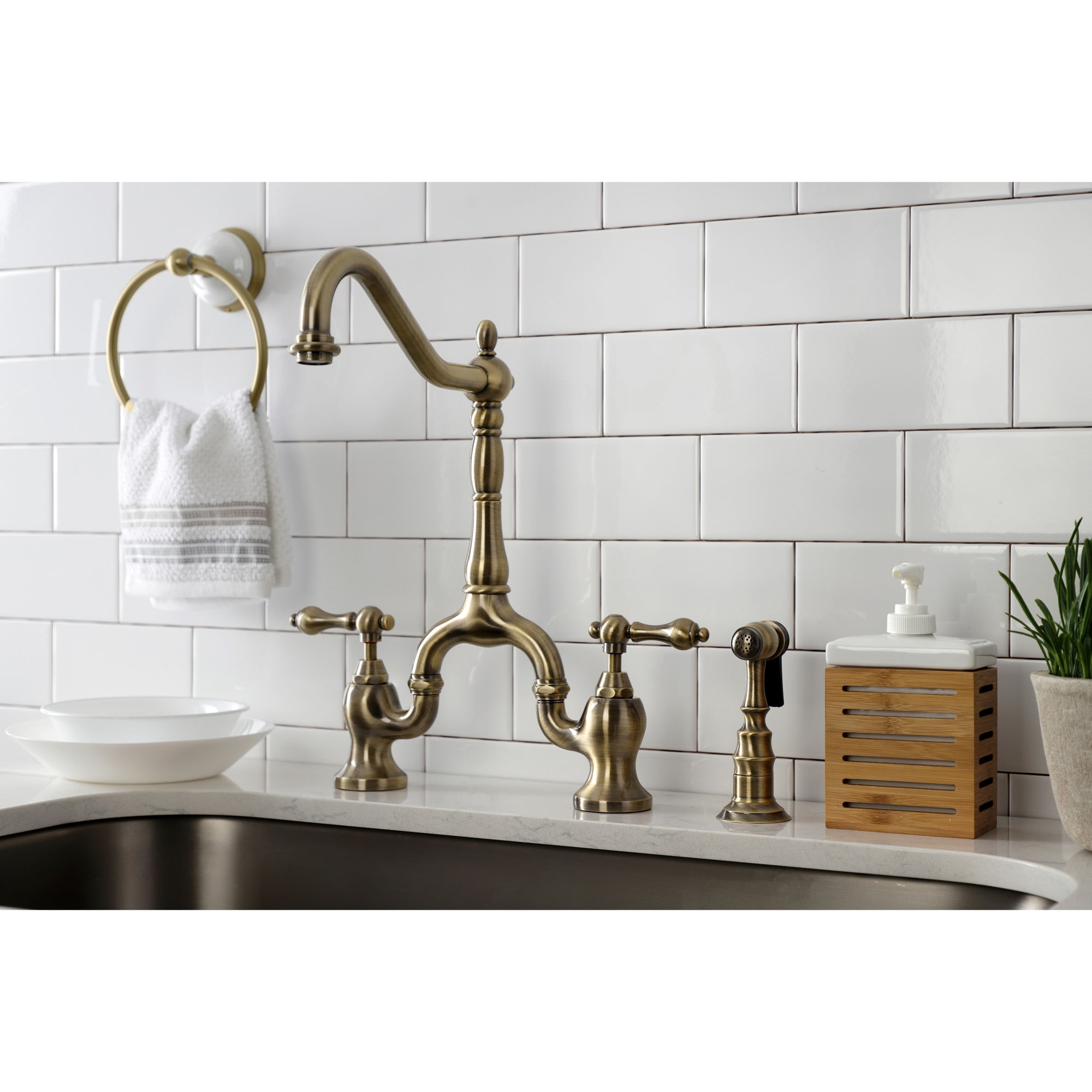 Kingston Brass KS7753ALBS English Country Two-Handle 3-Hole Deck Mount Bridge Kitchen Faucet with Brass Side Sprayer in Antique Brass