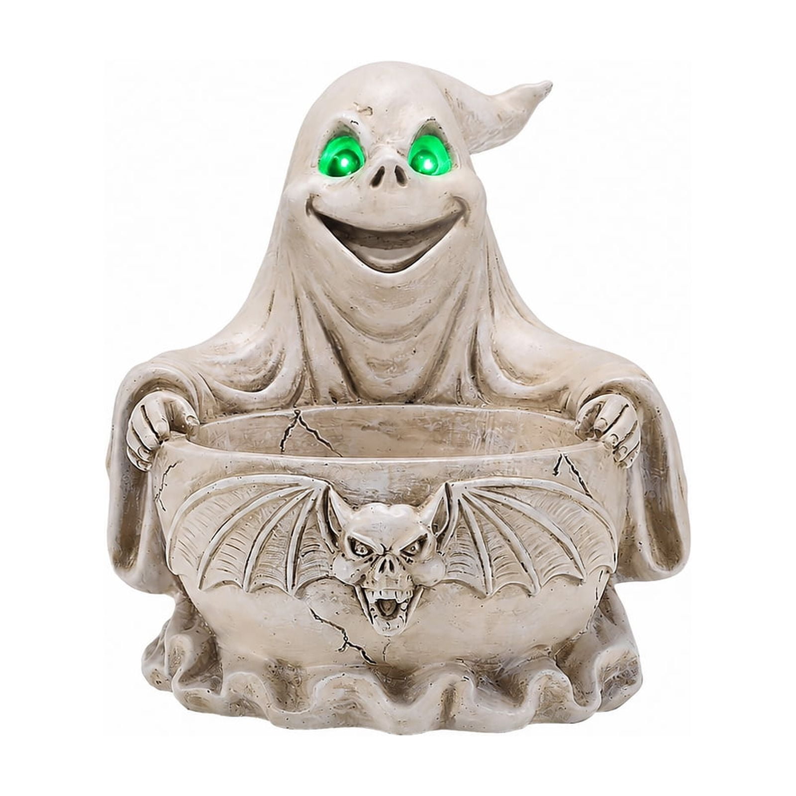 Halloween Ghost Candy Bowl with LED Glowing Eyes Resin Tabletop Decor Bat Design