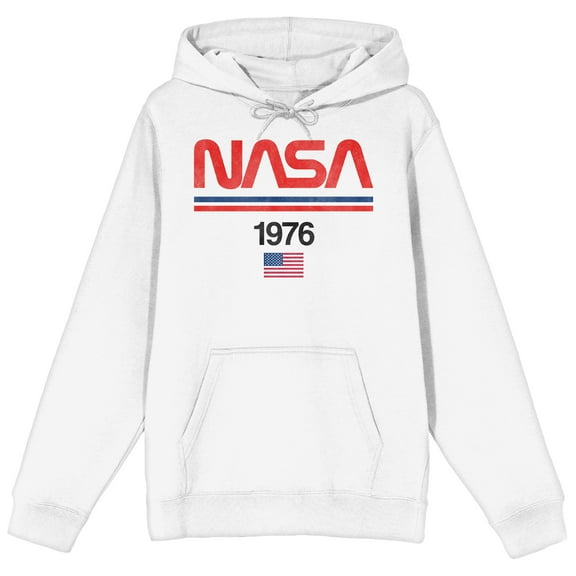 NASA 1976 Flag Logo Long Sleeve Men's White Hooded Sweatshirt-Medium