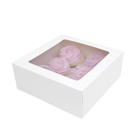 O'Creme White Square Cupcake Box 10 Inch x 10 Inch x 4 Inch High with Window and Insert for 6 Cupcakes - Pack of 5