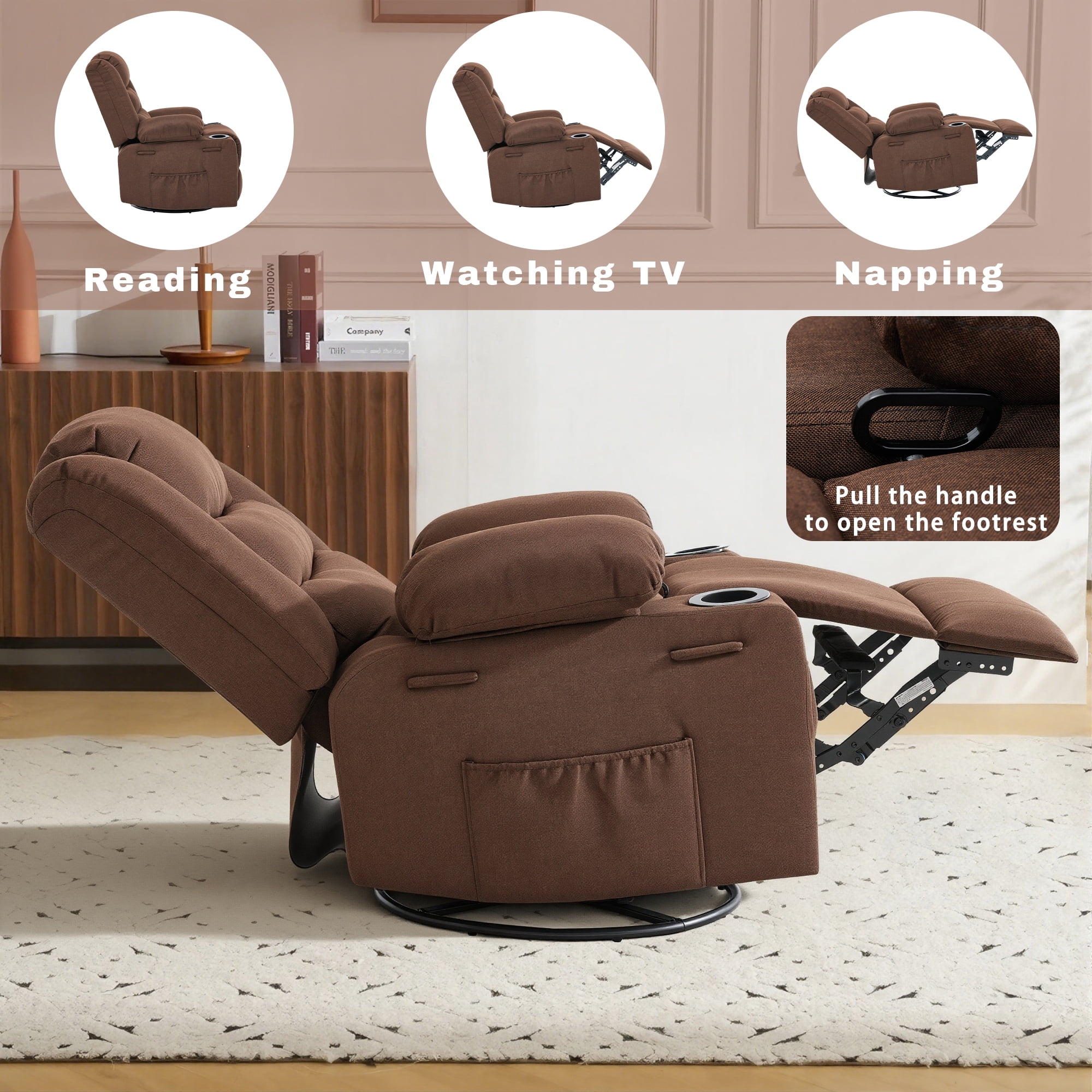 GAOHAPY Rocker Recliner Chair,360° Swivel Recliner Chair for Adults,Oversized Single Sofa Seat with Cup Holders,Recliner Single Sofa with Side Pocket(Brown)