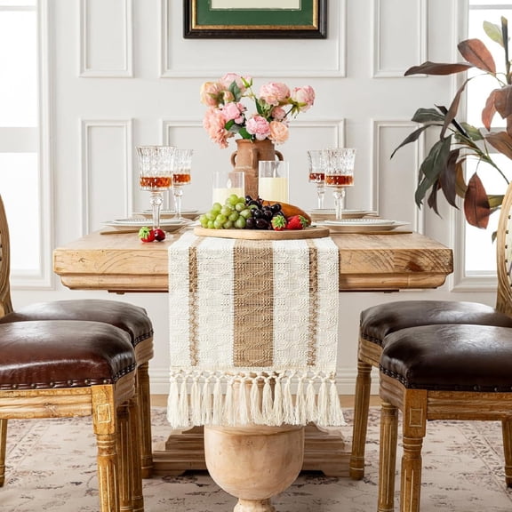 Boho Table Runner70 Inchs Long Brown and Beige, Cotton and Linen Woven with Tassels, for Modern Rustic Farmhouse Neutral Table Runners, Bohemian Kitchen Dining Table Home Decor