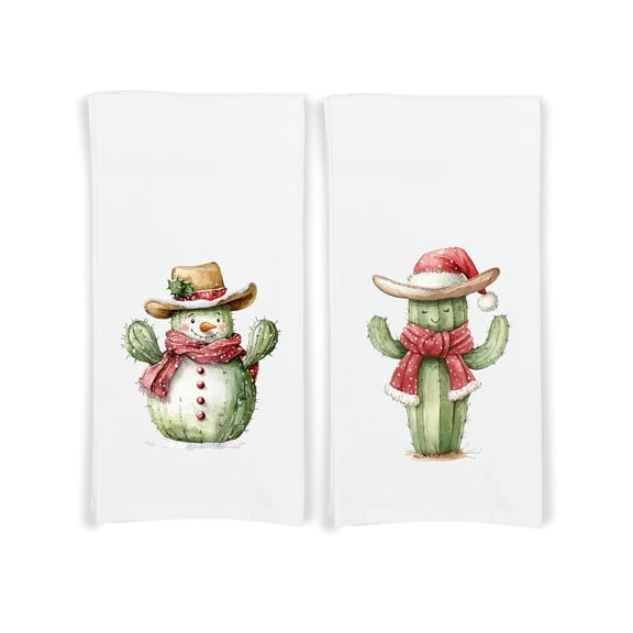 Set of 2 Christmas Santa Cactus Cowboy Snowman Kitchen Towels, Funny Western Holiday Decor, Desert Themed Home Decorations, Country Xmas Party Decor