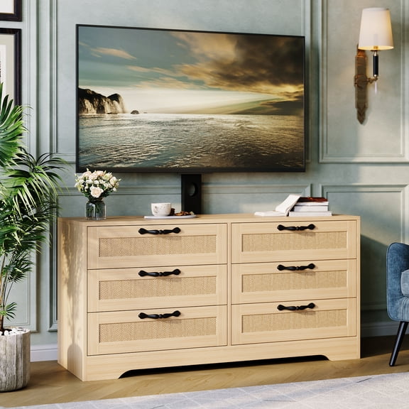 TV Stand with Mount – 47.2" Modern Entertainment Center, 6-Drawer Rattan Dresser for 32-85 Inch TVs, Media Console Table with Storage for Living Room