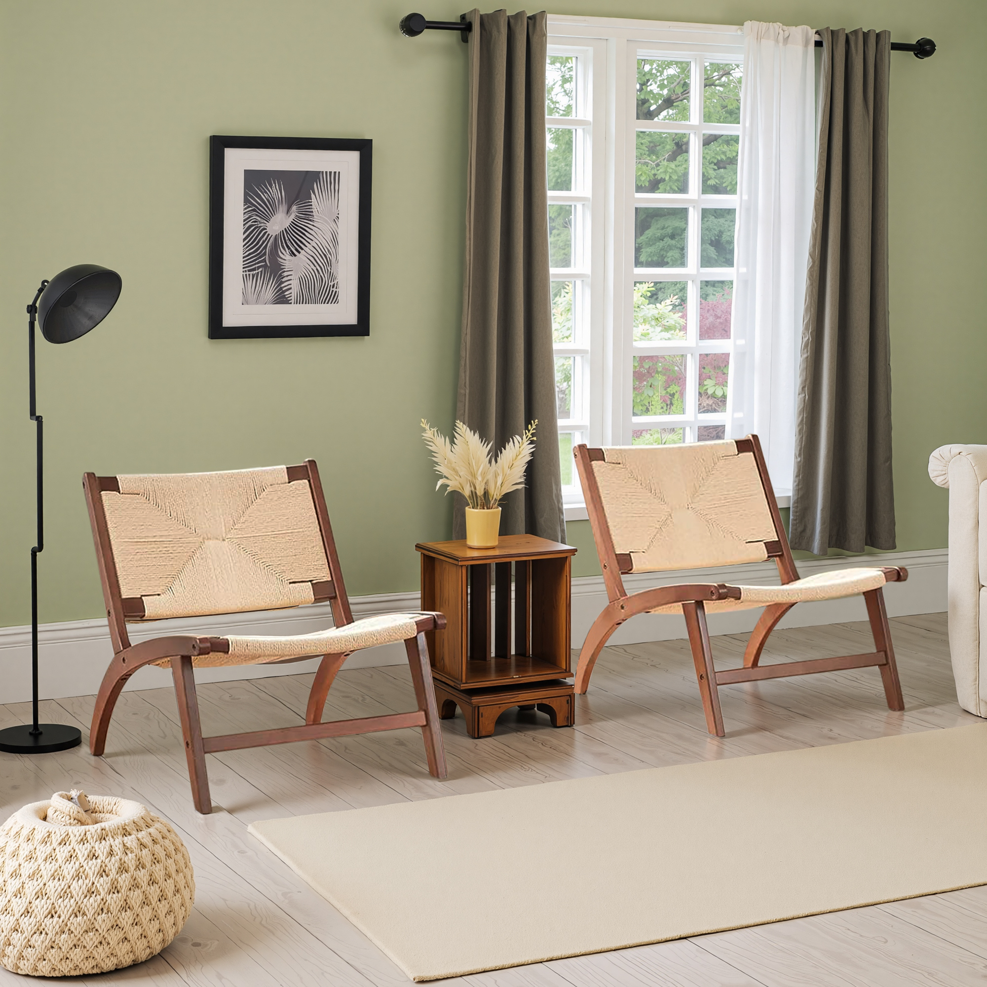 MAYEERTY Modern Boho Accent Chair, Scandinavian Beech Wood, Braided Jute Woven Seat & Back, Light Amber-Beige