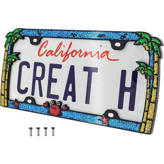 Creathome 3D Shining Palm Trees Crab License Plate Frame from Pure Zinc Alloy Metal Perfect Plate Holder, Matt Black with Colorful Glitters