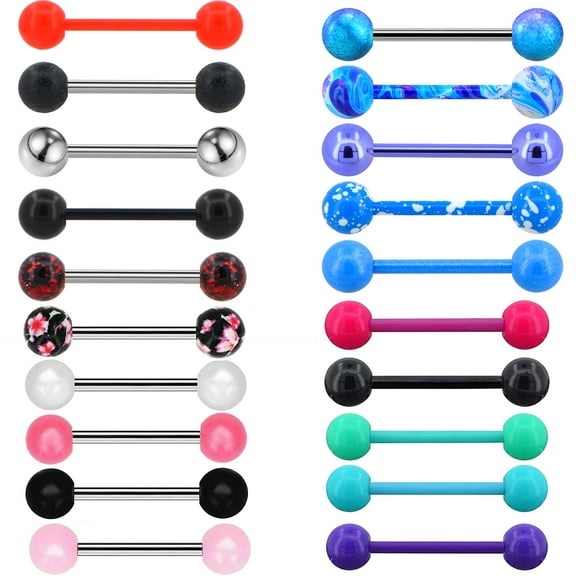 Tongue Rings Set 20PCS Straight Barbells Body Piercing Jewelry Women's Stainless Steel 14 Gauge Assorted Barbell Tongue Rings, 20 Pack