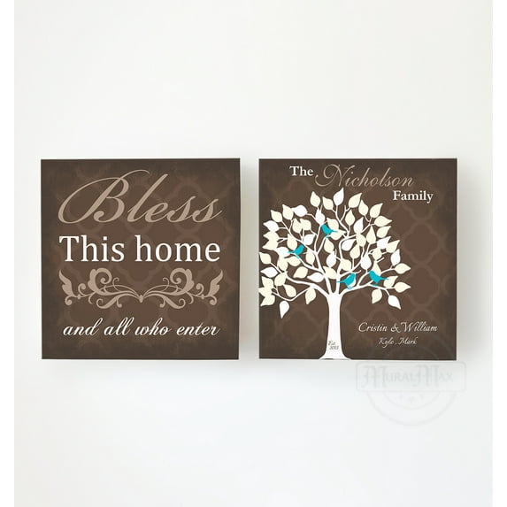 MuralMax Personalized Bless This Home & All Who Enter Inspirational Canvas Art - Custom Name, Date, Initials - Unique Family Tree Wall Decor - Color - Brown - Set of 2 - Size - 30 x 30