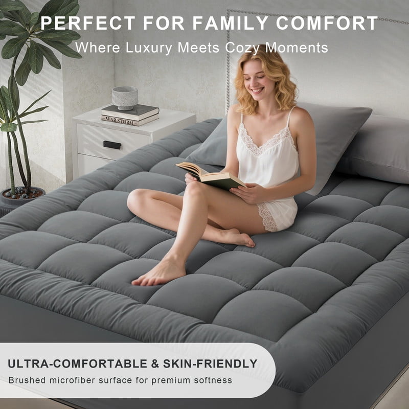 Cooling Grey Memory Foam Queen Mattress Topper, Extra Thick Mattress Pad for Back Pain Relief, Supportive Pillow Top Mattress Topper Queen with Deep Pocket Bed Topper
