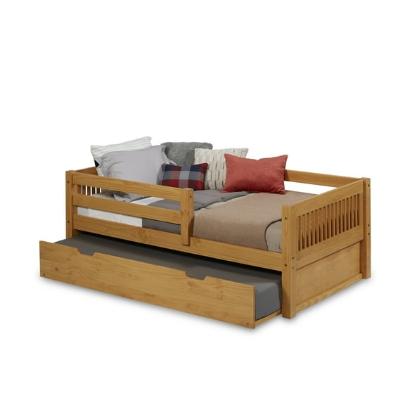 Camaflexi Twin Size Day Bed with Front Guard Rail & Twin Trundle - Mission Headboard - Natural Finish