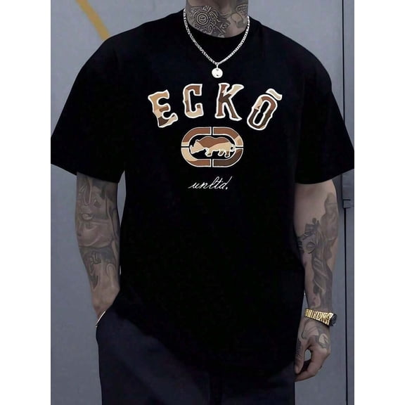 【New Arrival】Vintage Camo Varsity Rhino Outline Graphic T-Shirt, Unisex Cotton Crew Neck 90s Hip Hop Streetwear Casual Tee, Retro Urban Style Gift
