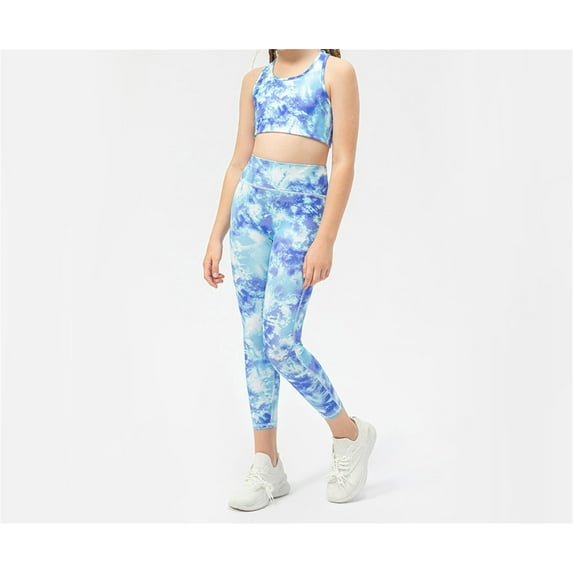 Little Girl's 2 Piece Outfits Kids Girls Tie Dye Crop Tank Top and Leggings Tight Pants Set Tracksuit Activewear,Blue Tie-dye,6-7 Years