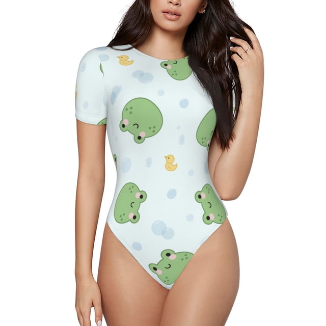 Saiise Pyjama à Motif Grenouilles Kawaii pour Femmes, Manches Courtes, Col Rond, Justaucorps Extensible avec Fermeture à Pression-Petit