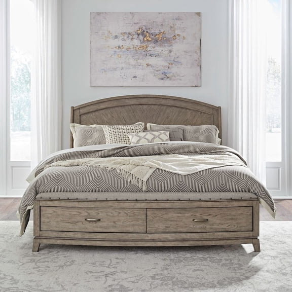 Liberty Furniture Queen Panel Storage Bed Frame with Footboard Drawer - Burnished Beige Oak Wood
