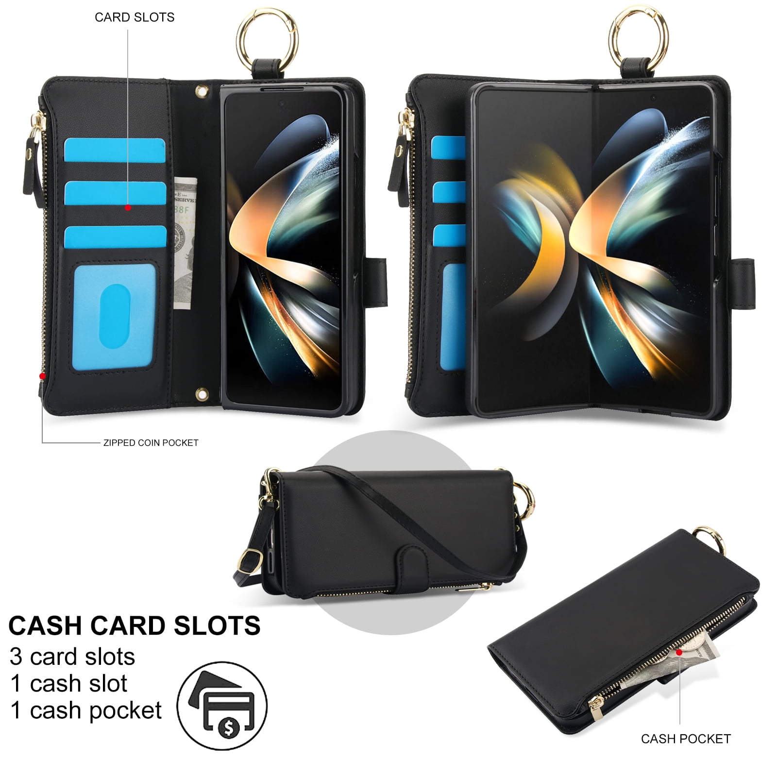 ELEHOLD For Samsung Galaxy Z Fold 4 Phone Case Leather Crossbody Zipper Card Wallet Flip Case Kickstand Cover, with Ring Holder,Full Body Protection-Black