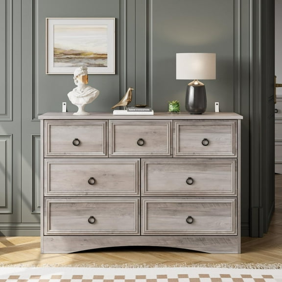Gray 7 Drawer Dresser for Bedroom, Modern Wide Chest Of Drawers Wood Storage Cabinet for Living Room