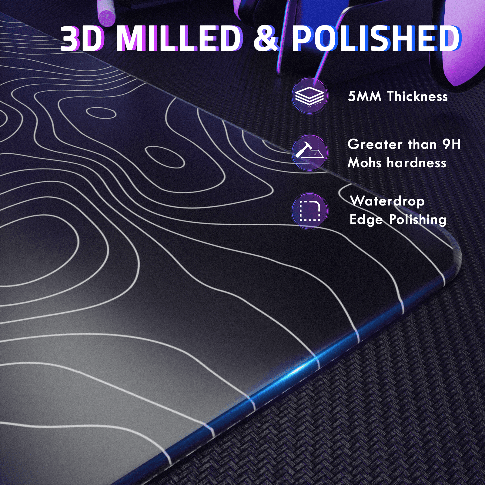 ATTACK SHARK CM05 SE Tempered Glass Mouse Pad, 16.1''×12.2'' Large Hard Gaming Mouse Pad, Nano-Etched Surface, 9H Anti-Scratch, Anti-Slip Base, Black Contours