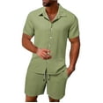 thumbnail image 2 of Pxiakgy Men'S Summer Breathable Two Piece Wrinkled Shirt Shorts Set Men'S Textured Beach Suit Mint Green + 3XL, 2 of 5