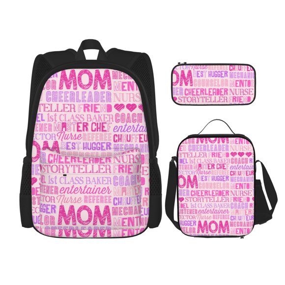 Easygdp Best Mom ever Mochila para Niños y Niñas con Set de Caja de Almuerzo y Estuche para Lápices 3 en 1, Mochila Escolar Estampada para Adolescentes