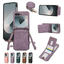 for Samsung Galaxy Z Flip 5 Wallet Case with Shoulder Lanyard Strap, Crossbody Phone Case with Card Holder Slots for Women Girls, Luxury PU Leather Flip Stand Purse Cover Shockproof Case, Purple