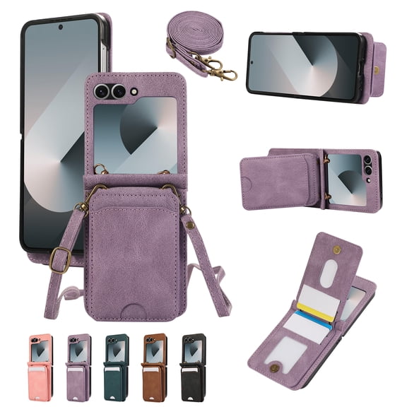for Samsung Galaxy Z Flip 7 Case with Card Holder Kickstand Crossbody Strap, PU Leather Wallet Case with Magnetic Closure Heavy Duty Protective Flip Cover for Z Flip 7 for Men Women, Purple