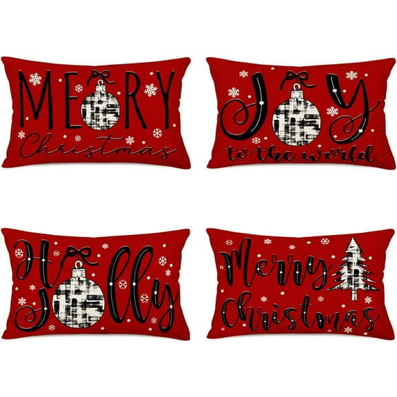 Red Merry Christmas Lumbar Decorative Rectangle Pillow Covers 12x20 Set of 4 Black White Buffalo Plaid Xmas Trees Joy to The World Holly Snowflake Pillow Case for Winter Holiday Decor