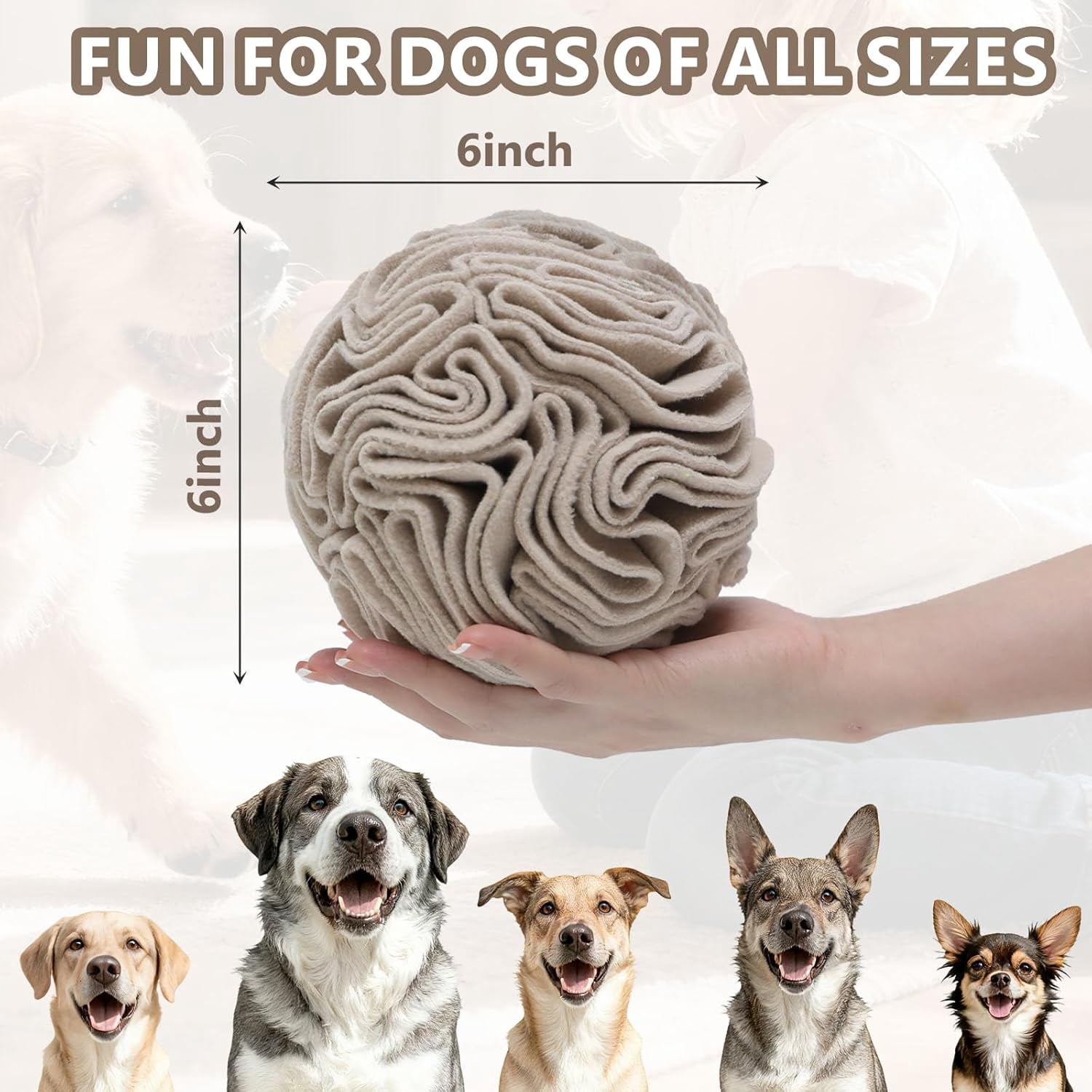 Light Brown Dog Snuffle Ball, Slow Feeder Puzzle Toy, Mental Enrichment for Small & Medium Dogs, Anxiety Relief Indoor Interactive Play, Machine Washable (Medium)