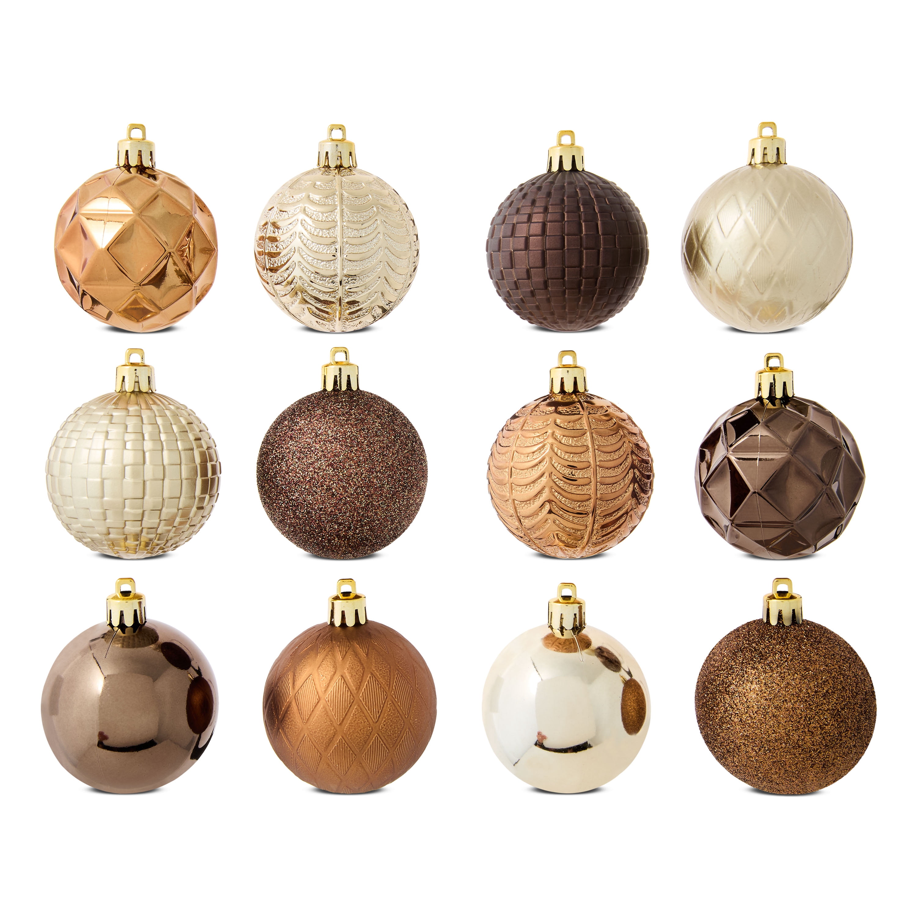 24-Count Brown, Bronze, and Champagne Shatterproof Multi-Textured Christmas Ornaments, 2.36 in, by Holiday Time