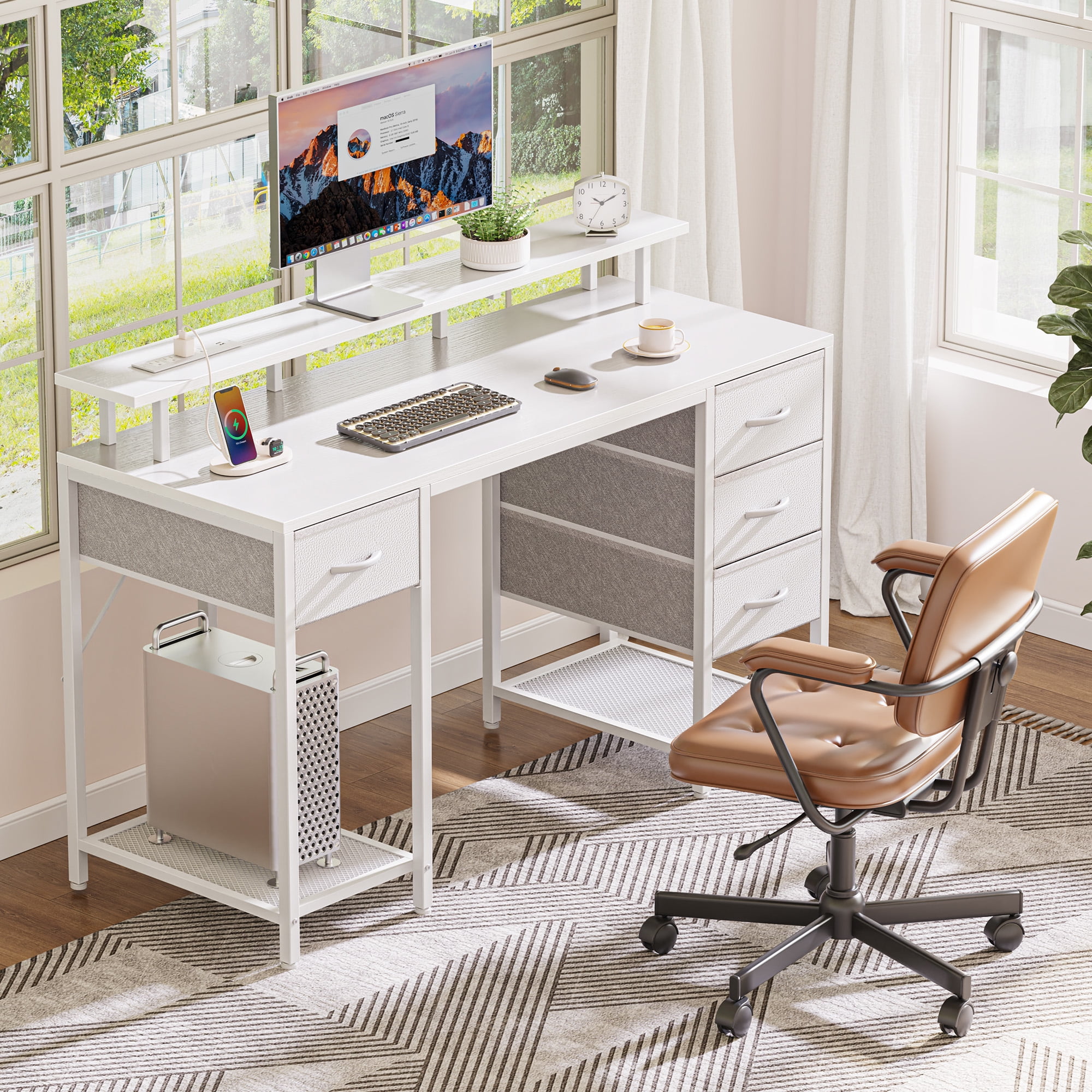 55.1" LED Gaming Desk with Drawers, Computer Desk with Outlets, Office Desk with 4 Drawers, Corner Desk, Writing Desk in White