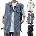 thumbnail image 5 of Rohuuque Men's Denim Vest Solid Motorcycle Collar Jean Vest Button Down Ripped Stretchy Distressed Battle Vest with Pocket White, 5 of 5