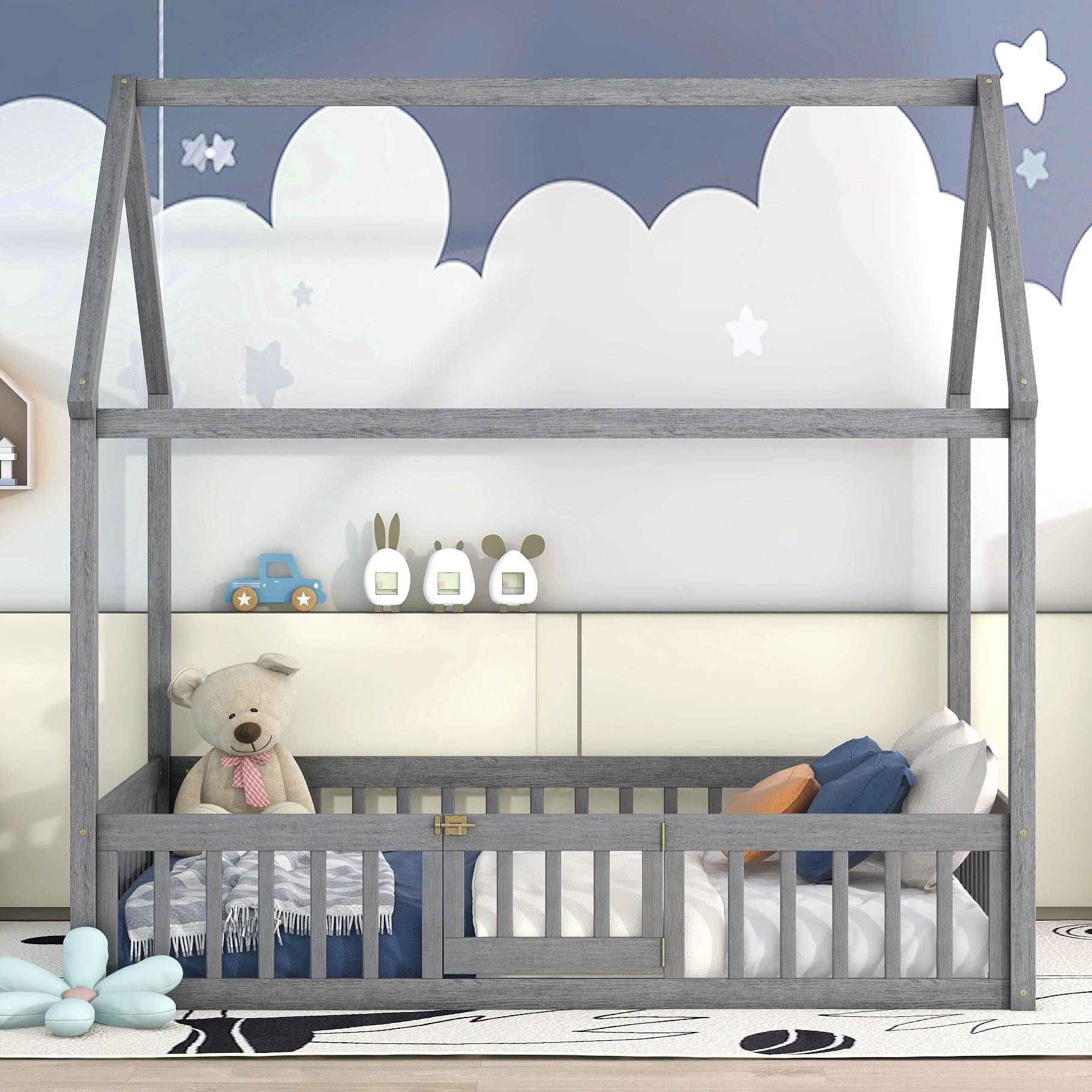 Full Size Montessori Bed, Full House Beds with Fence and Door, Floor Bed Full with Rails (Gray)