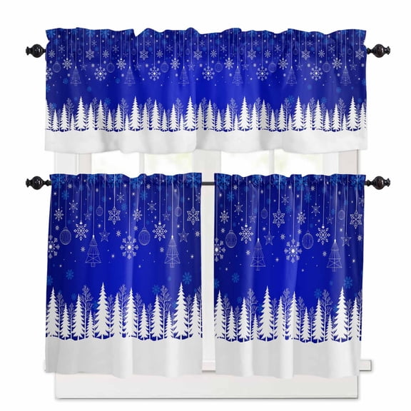 Blue Christmas Kitchen Curtains and Valances Set, Christmas Trees Snowflakes Snowy Winter Rod Pocket Window Valance 18 Inch Window Curtain Panels for Living Room Bedroom Laundry, 27.5x24in, 3 Pieces