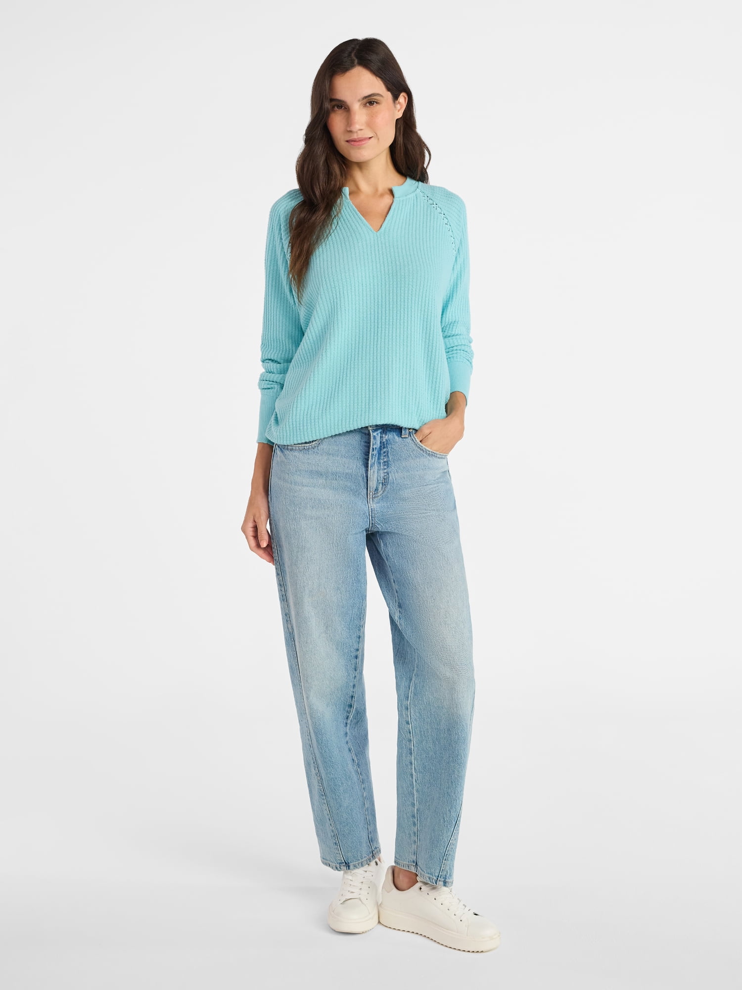 Time and Tru Women’s Notch Neck Waffle Top with Long Sleeves, Size XS-XXXL