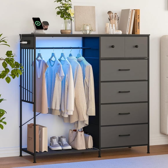Memoryfield 6 Drawers Dresser for Bedroom with Hanging Rack, with LED Lights & Charging Station, Fabric Dressers & Chest of Drawers with Rack, Black