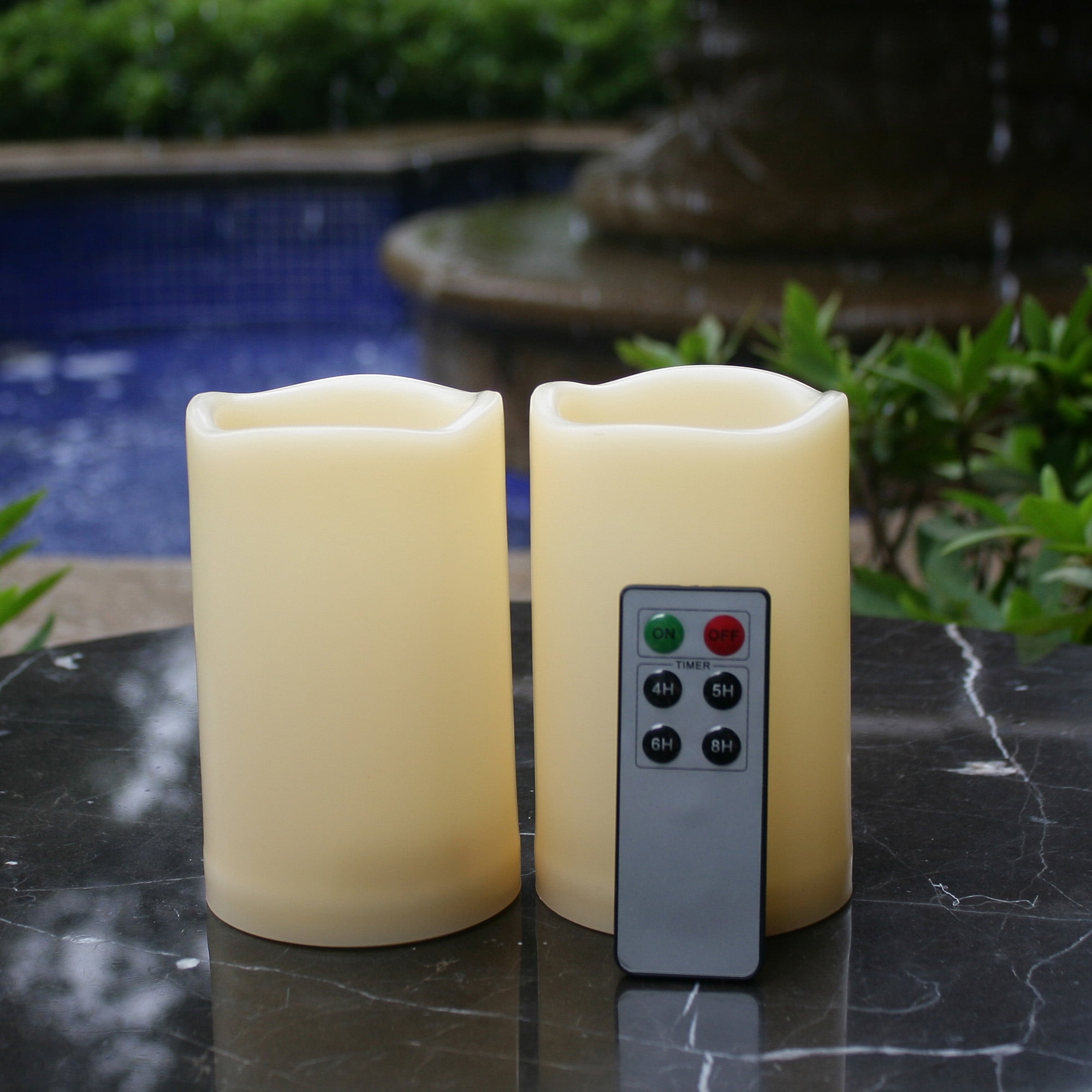 Battery Operated Large Flickering LED Pillar Candles for Indoor Outdoor Lanterns Won’t melt Long-Lasting White, Set of 2, 8” x 4” GenSwin Waterproof Outdoor Flameless Candles with Remote Timer