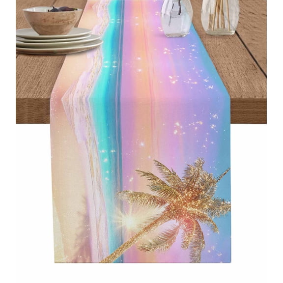 Coastal Table Runner 72 Inches, Seaside Palm Tree Summer Beach Purple Blue Bed Runner Dresser Scarves Tabletop for Indoor Outdoor Parties/Ceremony/Banquet, 16" x 72"