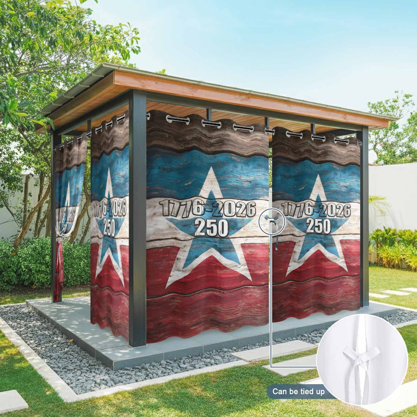 Independence Day Outdoor Curtains for Patio, America Years Vintage Country Red Blue Wood Grain Sunshade Privacy Drapes Grommet Waterproof Outside Curtains for Porch/Cabana/Balcony 54"x 108", 1 Panel