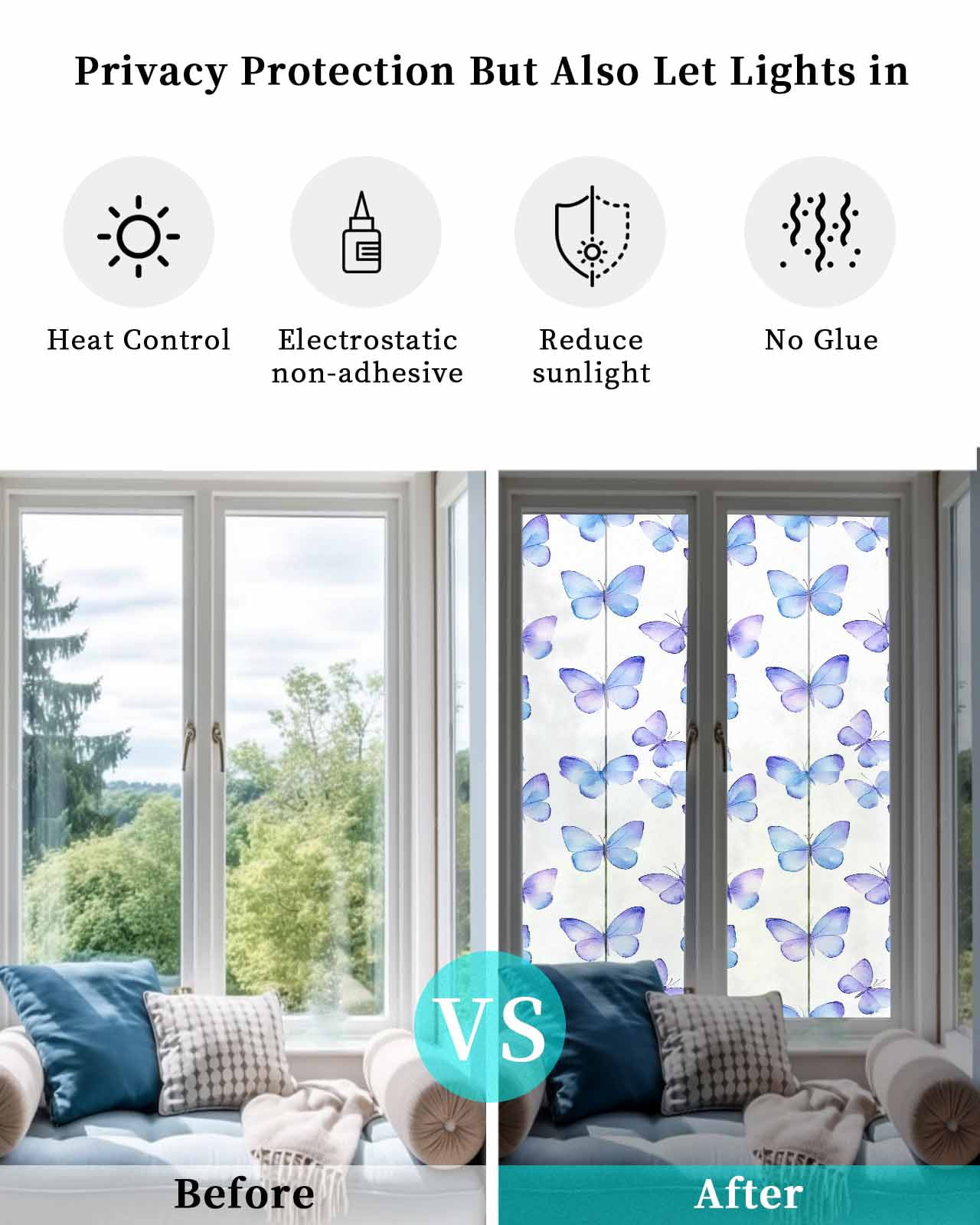 Window Privacy Film Blue Purple Butterfly Stained Glass Window Film Decorative Sun Block Window Cover Elegance Watercolors Butterflies Window Clings Static Adhesive Sticker for Bathroom 17.7"x78.7"