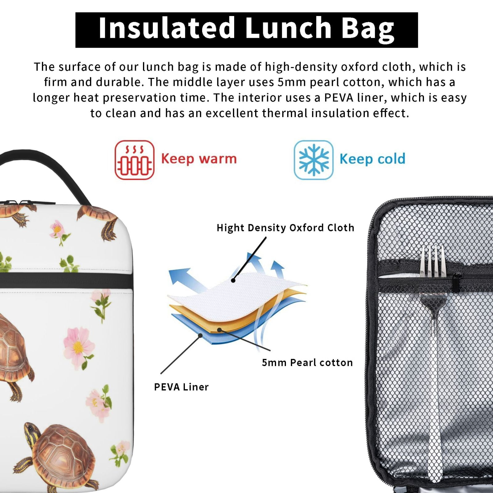 Lunch Bag For Women Men Insulated Portable Lunch Box Bento Box Office Picnic Travel Cooler Bag Pink-Colored Turtle Flower