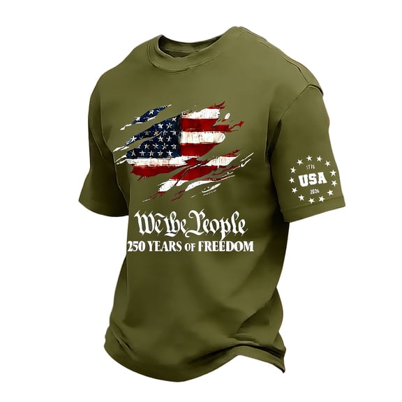 TQWQT Men's American Flag Patriotic T-Shirt "We The People" 250 Years of Freedom Flag Print Short Sleeve 4th of July Shirt Crew Neck Summer Workout Tops USA Flag Graphic Tees Army Green 2XL