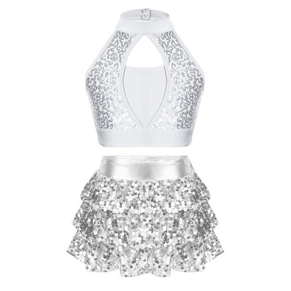 Linjinx Kids Girls Latin Jazz Modern Salsa Samba Rumba Sequin Sleeveless Crop Top with Silver 16